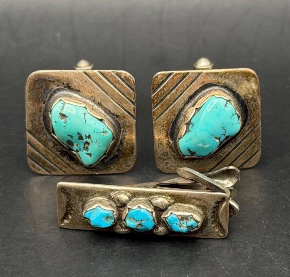 Vintage Carl Luthy Navajo Sterling Silver Turquoise Cufflinks & Tie Clip Set